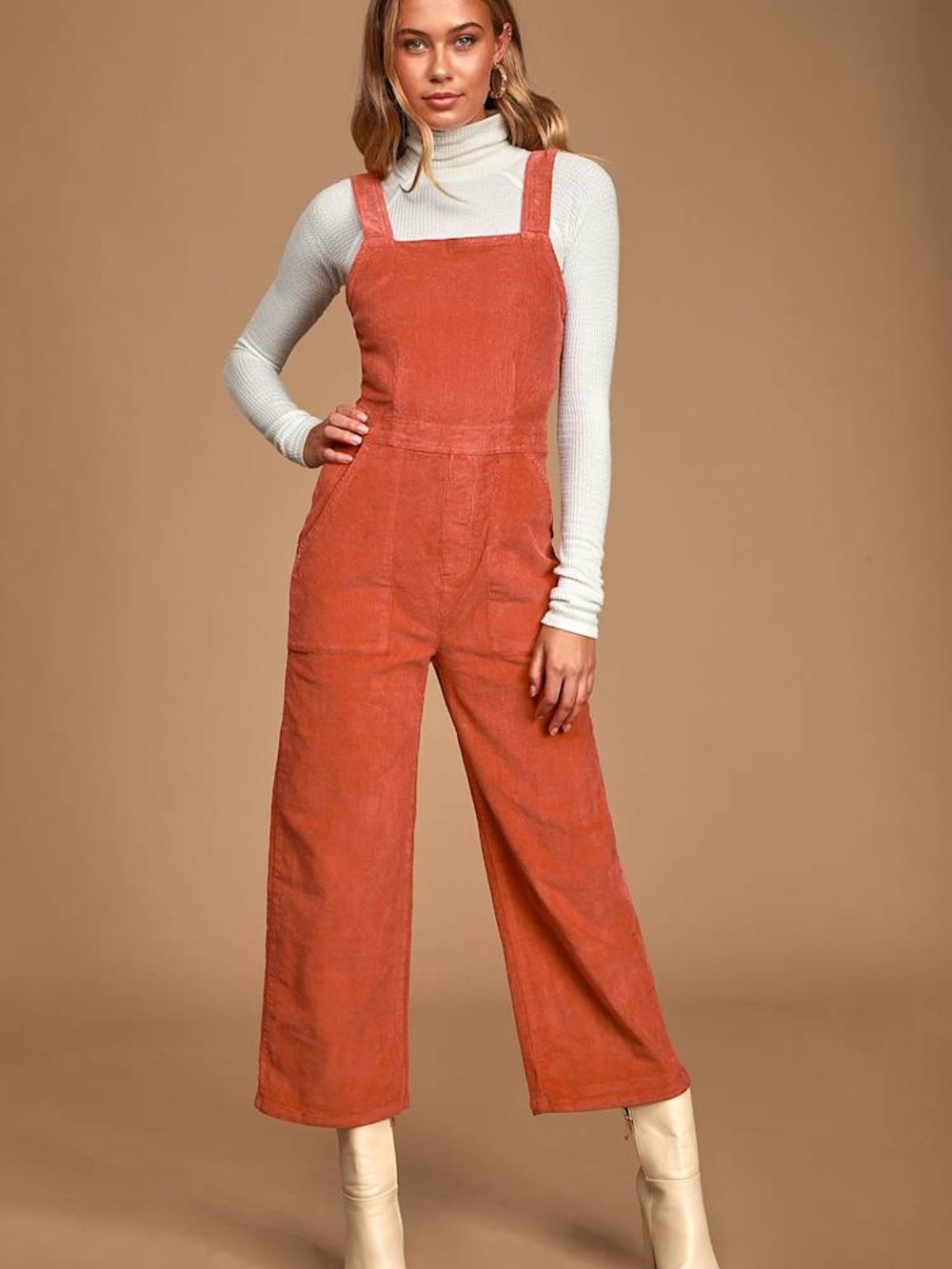 Get Lost Terra Cotta Corduroy Wide-Leg Jumpsuit size M
